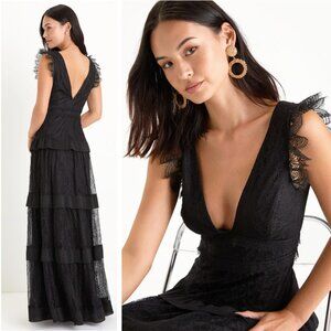 Lulus Marvelous Darling Black Floral Lace Ruffled Tiered Maxi Dress Formal Gown
